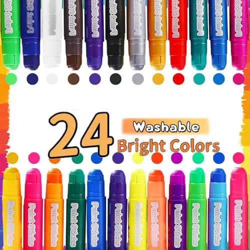 AMFUN Paint Sticks,24 Pack Washable Tempera Paint Sticks-Quick Drying, No Mess, Non-Toxic, Colors Assorted,Twist Up & Down, Easy-to-Use& Clean Up, Kids Paint Pens for for Arts and Crafts Project