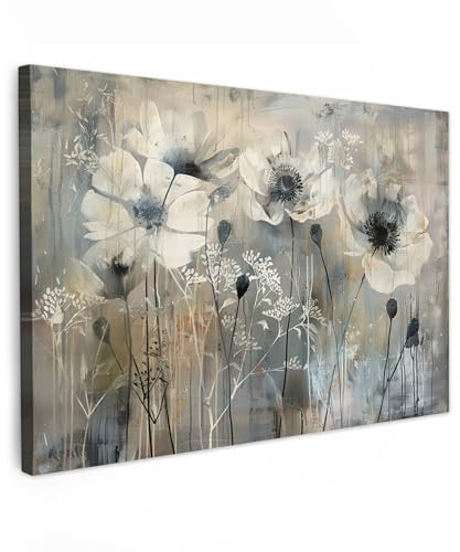 MuchoWow© Impression sur Toile Decoration Murale Peinture 120x80 cm Tableaux Art Décoratif Muraux Décoration Chambre Fleurs - Plantes - Gris - Abstrait