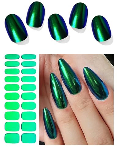 AutyaMee Semi Cured Gel Nail Strips (Green Chrome), Mirror, Holographic, 20 Pcs Gel Nail Wraps, Stickers, UV Light Required, Salon Quality, Long Lasting