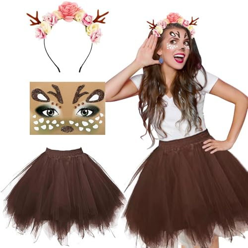 JRYBXS Rentier Kostüm Damen, Faschingskostüme mit Tüllrock, Kleines Blumen Geweih Haarreif und Rentier Face Tattoo für Weihnachten, Fasching, Cosplay & Mottopartys (1)