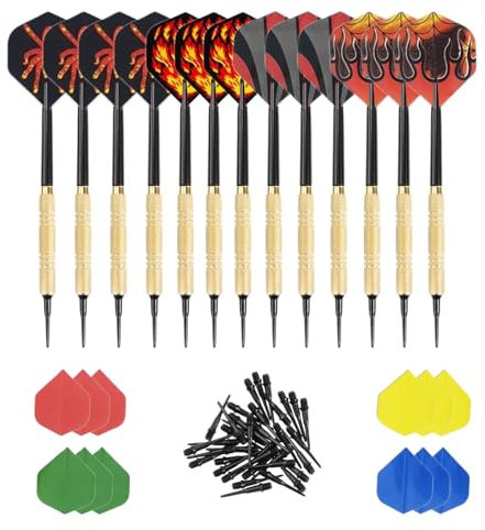 thirei 12 Stück Soft Dartpfeile Set für Elektronische Dartscheibe, Dartpfeile mit Kunststoffspitze mit 24 zusätzlichen Flights 8 Motive, 100 Kunststoff Dartspitzen Zum Austauschen