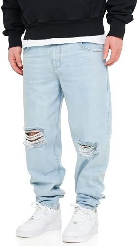 behype. Herren Jeans Ripped Tapered-Fit Jeanshose 100% Baumwolle Denim Baggy Hose Used Look Men's DC_JN-244-Ice Blue-W34/L32