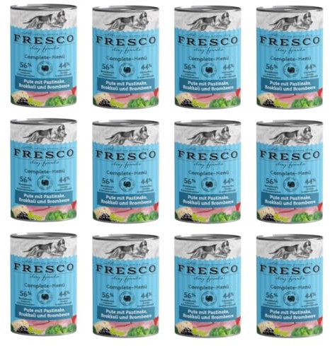 Fresco Complete-Menü Pute mit Pastinake, Brombeeren & Löwenzahn | 12er Pack | 12 x 400 g | Nassbarf für Hunde | Wichtige Proteine & Eiweiß | Grob zerkleinertes Naturprodukt