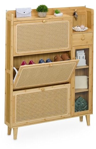 Relaxdays Schuhschrank, 5 Fächer, Bambus Schuhregal, 127x95x19 cm, für 9 Paar, 3 Klappen, schmaler Schuhkipper, Natur