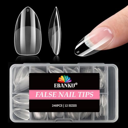 240PCS Medium Almond Nail Tips, EBANKU Pre-shape Half Matte Clear Press on Nails Acrylic Full Cover False Nail Extension Clear Gelly Fake Nails for Women Girls Manicure Salon DIY, 12 Sizes