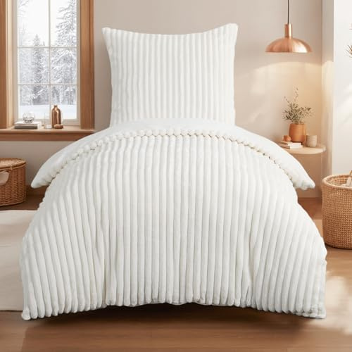 Aisbo Winter Warm bettwäsche 135x200 2teilig Weiß - Cord Flauschige Flanell Winterbettwäsche Plüsch Teddy Fleece Cashmere Touch Bettbezug und Kissenbezug 80x80 cm mit Reißverschluss