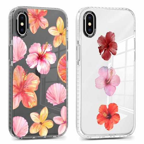 Saqmkil 2 Stück Hülle für iPhone X/XS 5,8'', Aesthetic Hibiskus Blumen Muster Design Mädchen Frauen Handyhülle, Transparent Weich Silikon Süßes Blume Motiv Stoßfest Case Schutzhülle für iPhone XS