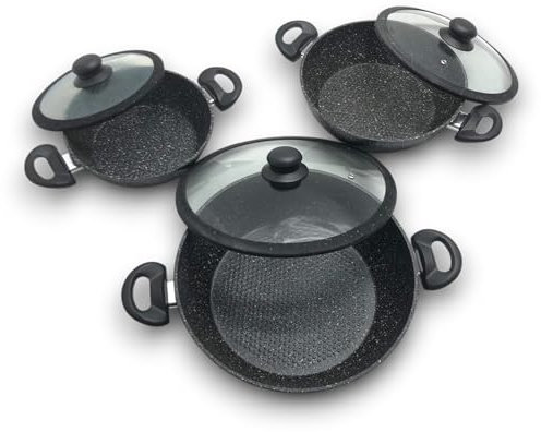 KORAT Set Tegami 10 pz con Coperchi in Vetro + Bistecchiera 26 cm, Fondo in Pietra Antiaderente, Piano Induzione e Gas, Padella per Cucinare, Cucina, Frittura, Fondo 24 e 28 h. 6cm + 5 Mestoli omaggio