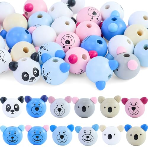 30 Stück Holzperlen mit Gesicht, Koala Bär Panda Gesicht Holzperlemit Loch,Bärenkopf Holzperlen,Holzkugeln für Sorgenwurm,Natur DIY Basteln Zur Herstellung von Quasten,Armbändern