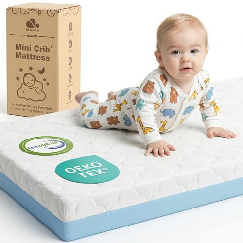 DeerFable Pack and Play Mattress, Dual Sided Memory Foam 38x26x3 Inch, Blue