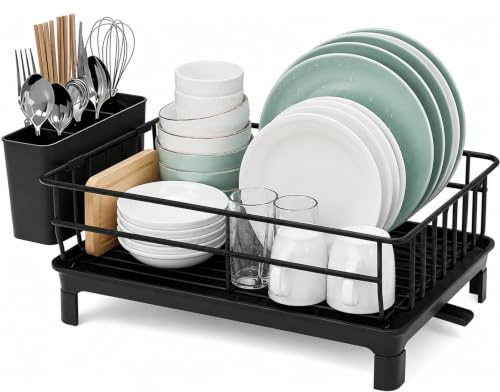 ATEK Carbon Steel Dish Drainer Drying Rack with Drainboard for Kitchen Sink | Dish Drainer Rack with Drainboard Kitchen Dish Organiser with Cutlery Holder for Plates, Bowls & Cups Countertop Storage Rack