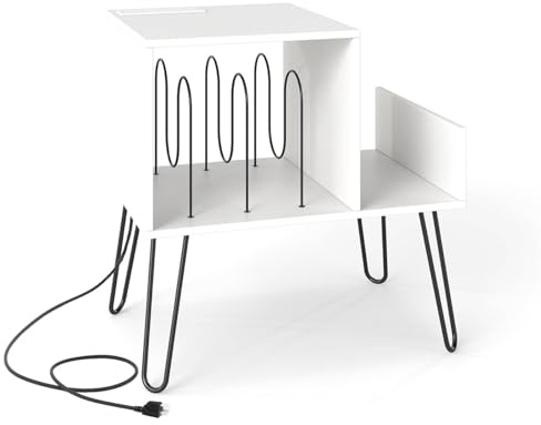Multigot Record Player Stand with Charging Station, Wooden Turntable Stand Holds Up to 145 Albums with Metal Legs and Removable Dividers, Vinyl Record Storage Cabinet for Living Room (White)