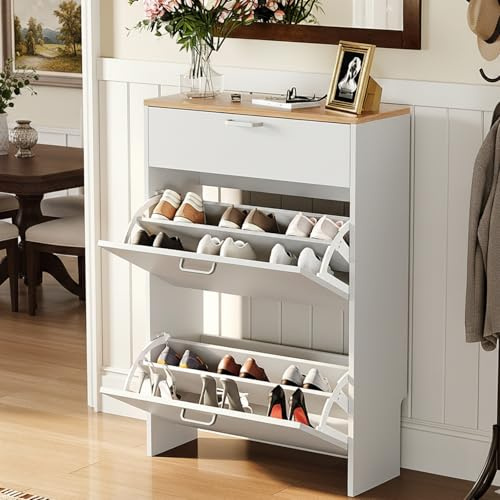 Bonnlo White Shoe Cupboard, Freestanding Shoe Storage Cabinet with 1 Drawer and 2 Doors, Shoe Cabinet with Silver Handles, Space-Saving Shoe Rack Cabinet, Dust-Proof Organiser for Entryway(White)