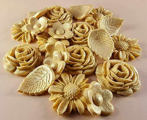 20 Piece Edible 3D Bouquet Flower set, icing toppers, cake cupcakes decorations T070 (Radiant Gold)