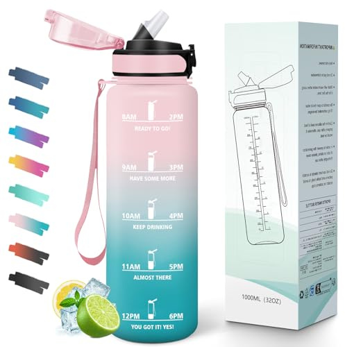 Mulbijeo Trinkflasche 1L, mit Strohhalm, Sportflasche, auslaufsicher mit Zeitmarkierung Motivationsskala, Wasserflasche, für Kohlensäure geeignet, Schule, Büro， Wiederverwendbare Trinkflasche Sport