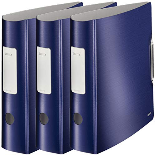 Leitz Qualitäts-Ordner 180° Active Style in gebürsteter Alu-Optik, A4, Runder Rücken, 8,2 cm Breite, Gummibandverschluss (3er Pack, Titan-Blau)