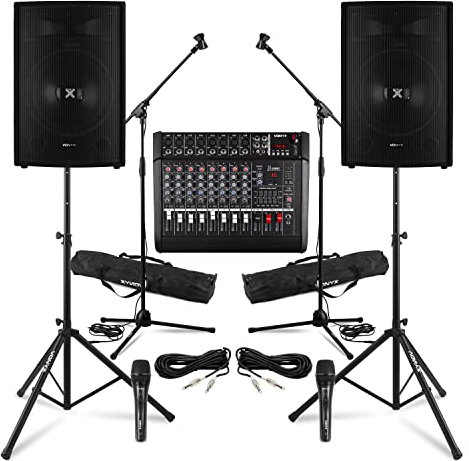 Vonyx Live Band PA System Package - Complete 600W Setup with Two 15 Passive Speakers, 8-Channel Mixer Amplifier, Microphones, Stands for Singers, Bands & Performances