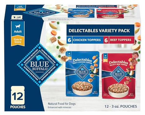 Blue Buffalo Delectables Natural Wet Dog Food Toppers Variety Pack, Tasty Chicken & Hearty Beef, Cuts in Gravy, 3-oz. (12 Pouches, 6 of Each Flavor)