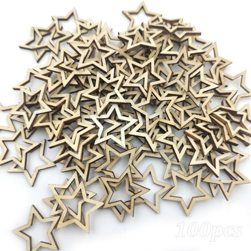 behone 100 pcs Holzstern Scheiben, Holzstern Form Tags, Mini Stern Verschönerungen für Weihnachten Hochzeitsdekoration Party DIY Handwerk Tisch Streuung Dekoration