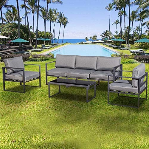 CONCEPT USINE | Salon de Jardin en Aluminium 5 Places | Design Memphis Gris | Moderne et Tendance | 1 Table, 1 Canapé et 2 Fauteuils | Léger et Robuste | Résiste aux Intémpéries | Waterproof