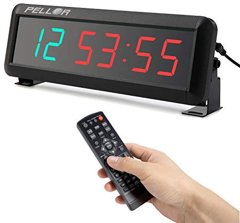 PELLOR Temporizador de Intervalo LED para Gimnasio, Reloj de Pared 6 Dígitos, Cronómetro, 12/24 Horas, Control Remoto, Volumen Ajustable