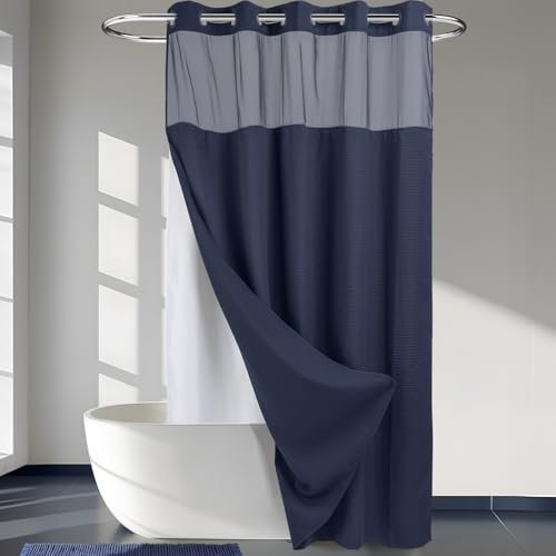Rideau de Douche à Tissage gaufré avec Doublure à Clipser – Extra Long 180 x 218 cm (l x H), qualité hôtelière, Rideau de Bain Semblable au Spa, Bleu Marine