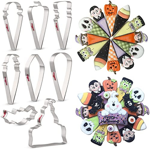 LILIAO Halloween Ausstecher Set - 8 Stück - Totenkopf, Hexe, Zuckermais, Vampir, Kürbis, Zombie, Fledermaus und Geist Plakette Fondant Keksausstecher - Edelstahl