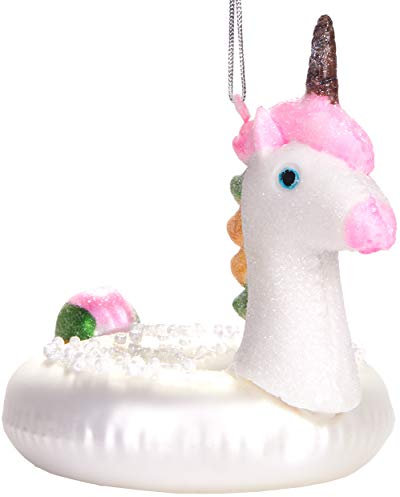 BRUBAKER Schwimmring Einhorn - Handbemalte Weihnachtskugel aus Glas - Mundgeblasener Christbaumschmuck Figuren lustig Deko Anhänger Baumkugel - 11 cm