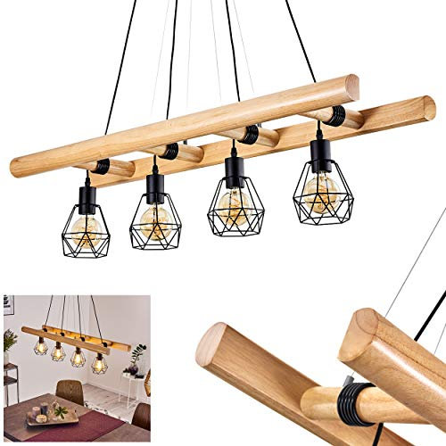 HOFSTEIN Pendelleuchte Yaak, Vintage Hängelampe aus Metall in schwarz u. Holzleiter, Höhe max. 149 cm (verstellbar), 4 x E27, Leuchtenköpfe individuell einstellbar, Wohnzimmer, Esszimmer, Küche