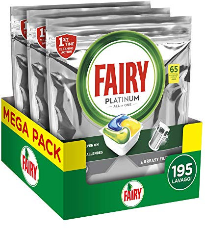 Fairy Platinum All in One Lemon, Dishwasher Capsules, 65 Capsules, for Hard Challenges, Cleans Fat Residues in Filter