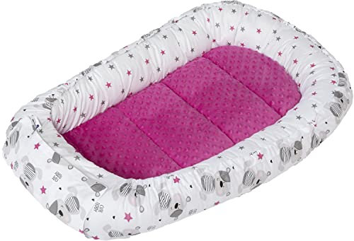 Medi Partners Babynest Nestchen für Neugeborene - 100x60x15 Babynestchen Baby zweiseitg Nest Bett 100% Baumwolle Minky Kuschelnest tragbar (Teddybär mit dunkelrosa Minky)