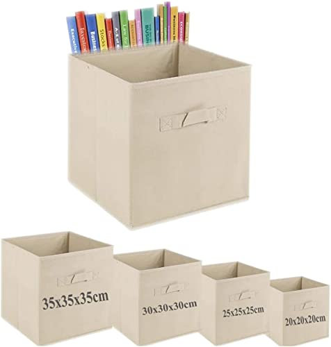 A406 3x Fabric Foldable Square storage Box Canvas Storage Collapsible Folding Box Cubes Box Toys box (Medium-25x25x25cm, Beige)