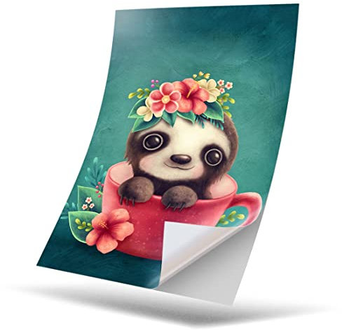 1 x Vinyl Sticker A4 Rectangle Shape 210x297 mm - Teacup Sloth Cartoon Sloths Cute Animal Art Print Decal Laptop Tablet Luggage Car Wall Fridge Door Sticker #46346