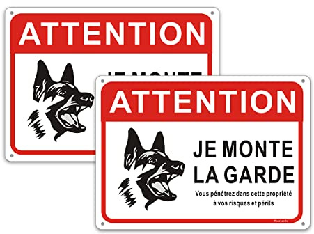 2 Pièces Panneau attention au Chien,Je Monte LA Garde Vous Pénétrez dans Cette Propriété à Vos Risques et Périls 250x180mm Métal en Aluminium Revêtement réfléchissant et Résistant aux UV