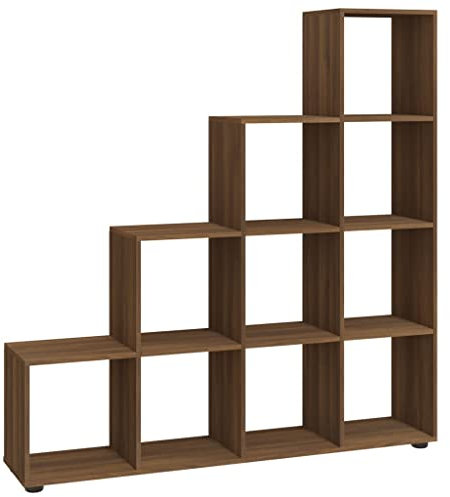 vidaXL Treppenregal, Bücherregal mit 10 Fächern, Raumtrenner Regal für Büro Wohnzimmer, Stufenregal Raumteiler, Modern, Braun Eichen-Optik Holzwerkstoff