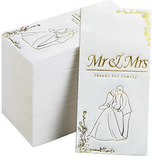 DADAWU 50 Stück Hochzeitsservietten Mr and Mrs, Goldfolie, Cocktailservietten, Getränkekuchen, Einweg-Dankes-Servietten für Hochzeit, Dusche, Jahrestag, Verlobung, Tisch, Party, Dekoration (50Count)