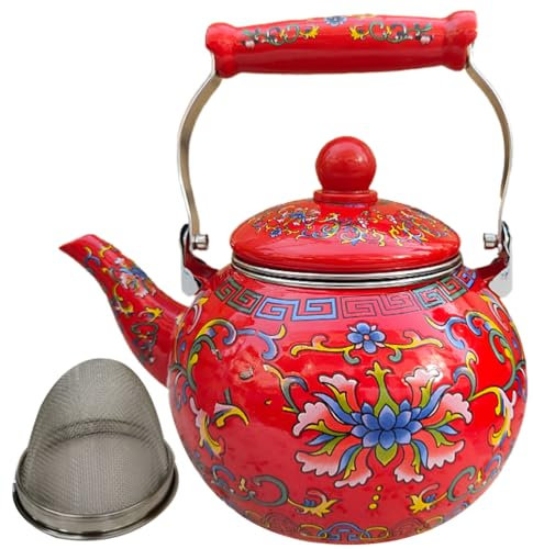 DOITOOL Ceramic Enamel Tea Kettle 2.2L Large Porcelain Enameled Teakettle Floral Teapot for Stovetop Hot Water Kettle Pot Enamel on Steel Tea Kettle with Infuser No Whistling Red