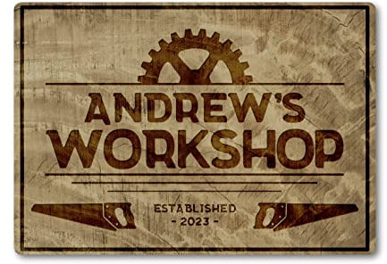 Personalised Any Name METAL Workshop Plaque Sign. Home Tool Shed Man Cave Garage. Wood Handyman Mend DIY. Gift Idea for Dad, Grandad, Son (A5 (197mm x 141mm))