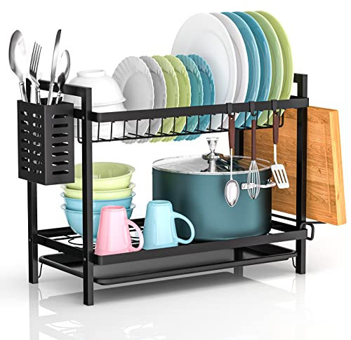 Escurreplatos Acero Inoxidable Cocina, Multifunción Escurridor De Platos Desmontable De 2 Niveles, Escurridor de Platos para Fregadero con Bandejas de Goteo,Soporte de Cubiertos Soporte de Vaso