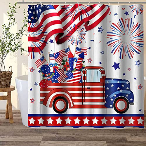 PAEOT Duschvorhang mit amerikanischer Flagge, patriotischer Duschvorhang, USA-LKW-Duschvorhang, 182,9 x 182,9 cm, Blumengruß, Auto, Land, rustikal, Badezimmer-Dekor-Vorhang-Set mit 12 Haken YLOKPA0303