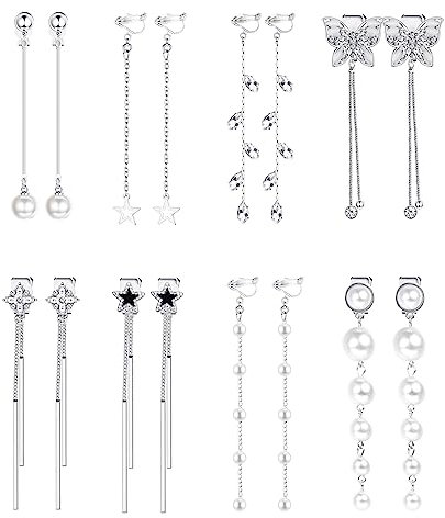 JeweBella 8 Paar Lange Ohrclips Damen Mädchen Mode Kreuz Schmetterling Stern Perlen Baumeln Clip Ohrringe Set Silber/Gold Hypoallergen Ohrklipser Damen Ohne Ohrlöcher