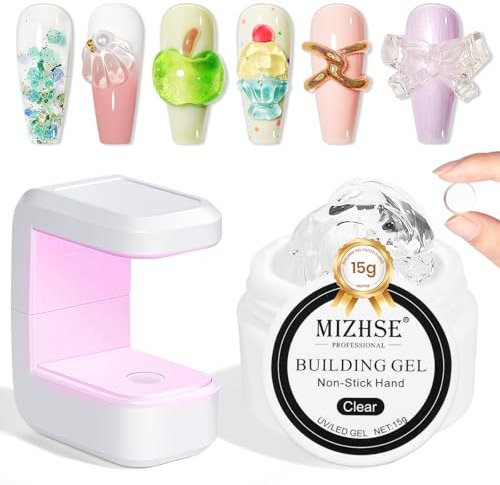 MIZHSE Solid Sculpture Builder Gel for Nails, Clear Non-Stick Hand Nail Extension Gel Nails Starter Kit with Mini Nail Lamp - 10W U V/LED Nail Dryer U V Light for Nails for 3D Nail Gel Nail Polish Kit