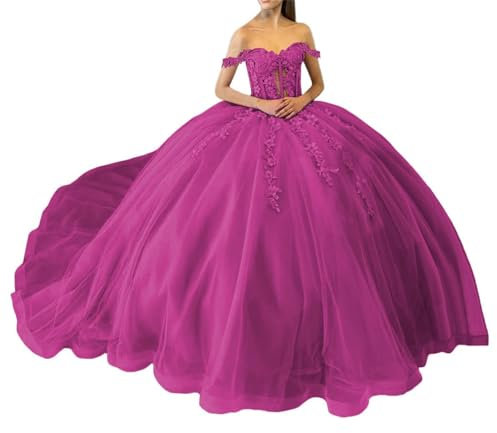 Vestidos de quinceañera con lentejuelas brillantes, vestidos de gala con encaje y hombros descubiertos con cola, vestido de princesa con tul esponjoso y falda de bola, fucsia, 40