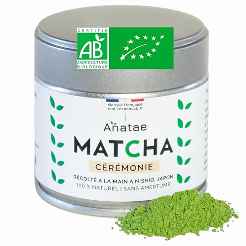 Anatae Marque française - Thé Matcha bio cérémonie japonais - Sans amertume - Poudre de thé vert matcha 100% BIO qualité cérémonielle - Récolté à la main à Nishio, Japon. 30 g