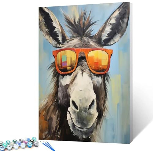 Tucocoo Malen nach Zahlen, Motiv: Esel in Brille, 40,6 x 50,8 cm, Leinwand, DIY-Ölgemälde für Kinder, Studenten, Erwachsene und Anfänger, mit Pinseln und Acrylpigmenten, lustiger Esel, Bauernhaus-Tier