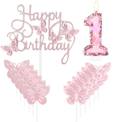 mciskin Happy 1st Birthday Candles,Butterfly Cake Decorations,Pink Number 1 Candle for Cake,Pink Cupcake Toppers Girls,Glitter Butterfly Topper for Girls' First Birthday Decorations