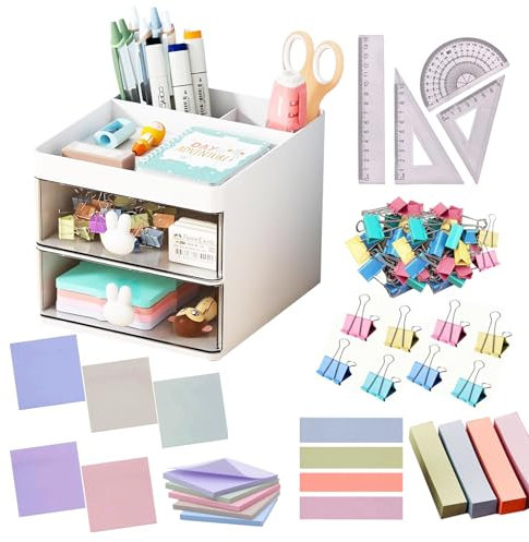 Catekro Petit organisateur de bureau avec 2 tiroirs, joli pot à crayons pour bureau, organiseurs de bureau en forme de lapin et accessoires avec 3 compartiments pour fournitures d'art de bureau