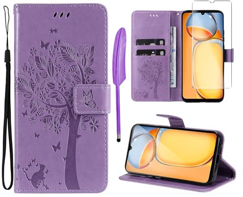 Oududianzi-Coque pour Xiaomi Redmi 13C / Poco C65 [1X Verre Trempé] Étuis Rabat Folio Protection Housse Cuir PU Portefeuille Silicone [Fermeture Magnétique][Emplacements Cartes][Stand Feature]-Violet