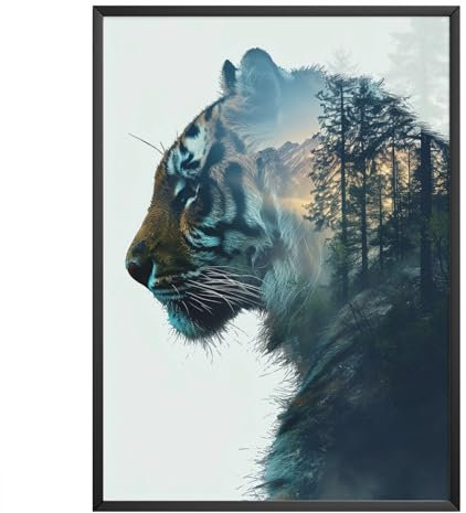 MJ-GRAPHICS - Poster mit Tiger - Bild mit Naturlandschaft 2 in 1 - Wandbild Din A4 in Galerie Qualität mit extra dickem 300g Posterpapier - Wald in Tiger - FineArt Kunstdruck ohne Bilderrahmen
