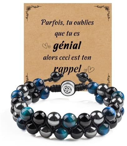 YELUWA 8mm Naturelle Triple Protection Perles pour Bracelet Homme, Idée Cadeau Noël pour Papa, Grand-Père, Mari, Copain, Couple, Ado